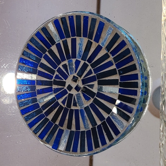 Vintage blue & clear glass mosaic candle holder or trinket dish